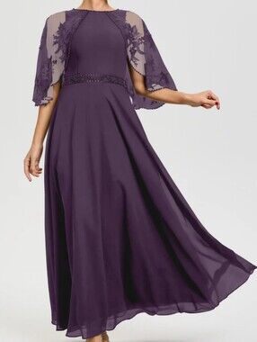 Cicinia Beaded Cape-Sleeve Jewel Neck Chiffon Maxi Dress In Plum Size 12 NWT'S